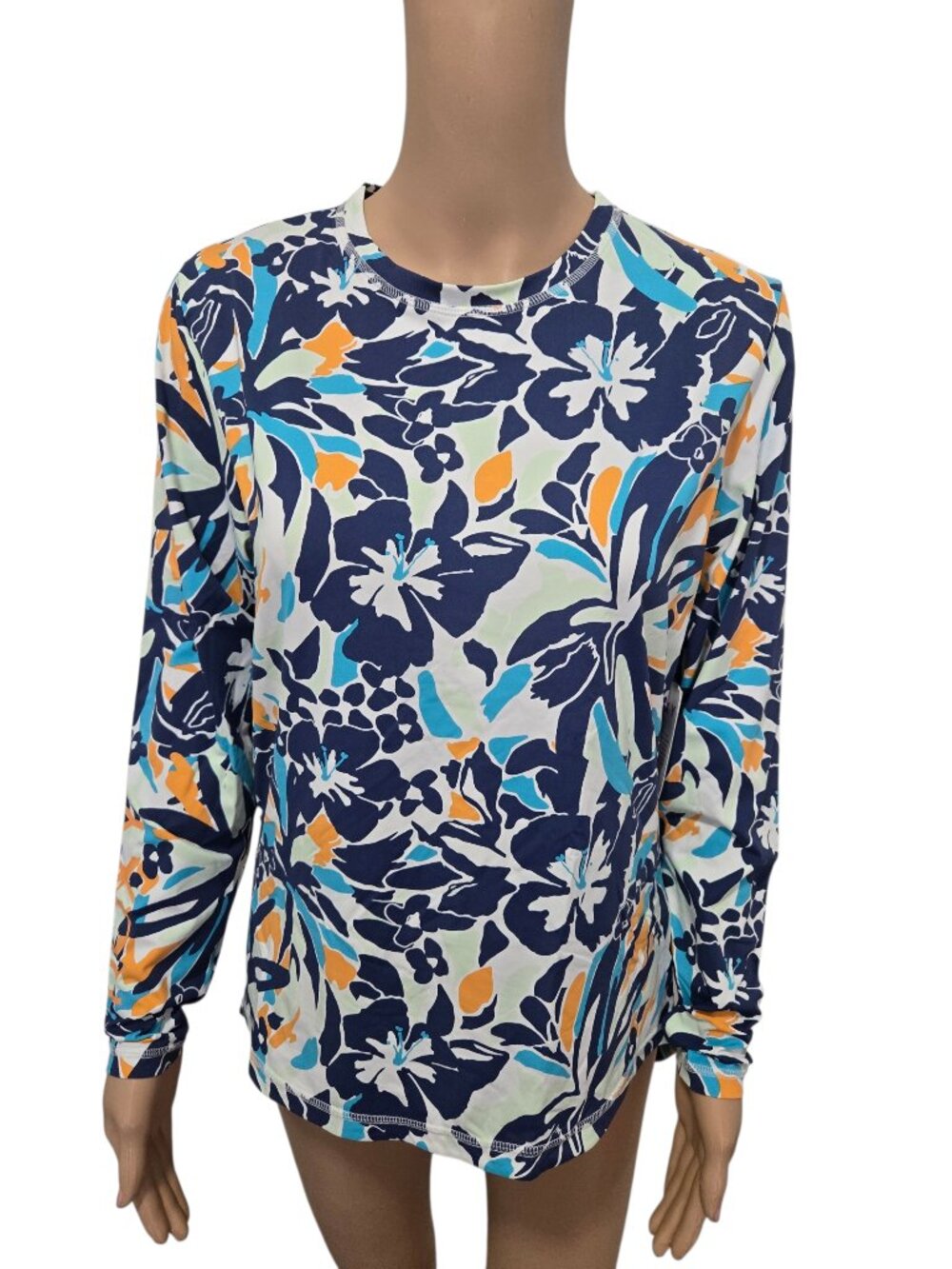 NWT Roxy women's Large blue floral sea skippin UPF 50 long sleeve rash guard